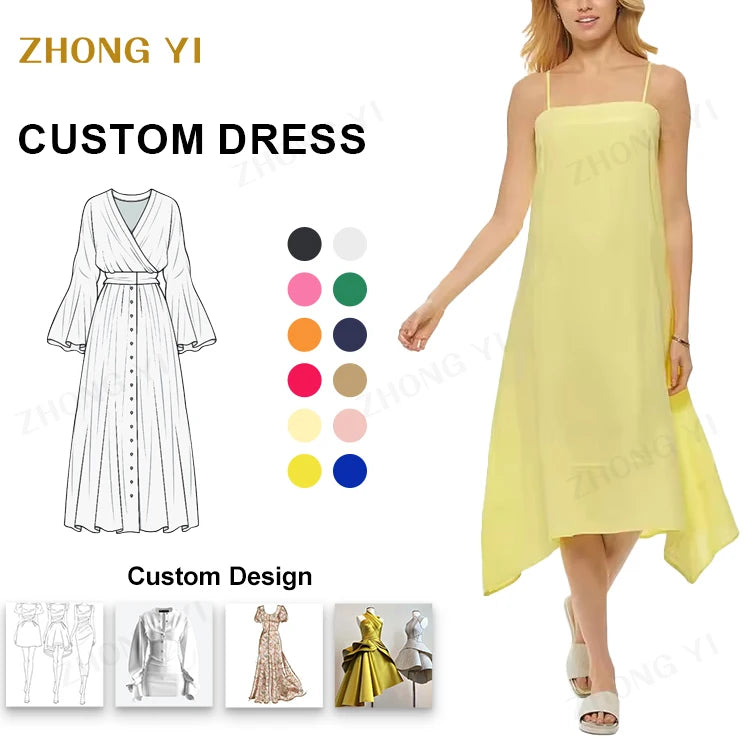 Factory Wholesale Custom Summer Women's Asymmetrical Light Simple Spaghetti Straps Linen Pure Color Loose Casual Midi Dresses