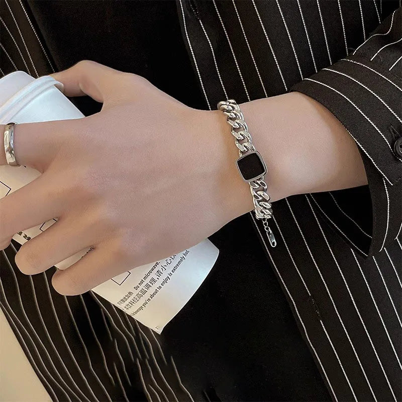 Hot New Black Cube Pendant Bracelet Simple Style Geometric Titanium Steel  for Men