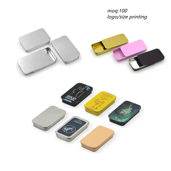 Custom logo Print Empty Flat Slide Top Containers Lip Balm Solid Cologne Cosmetics Candy Metal Tins Box Sliding Lid Tin case