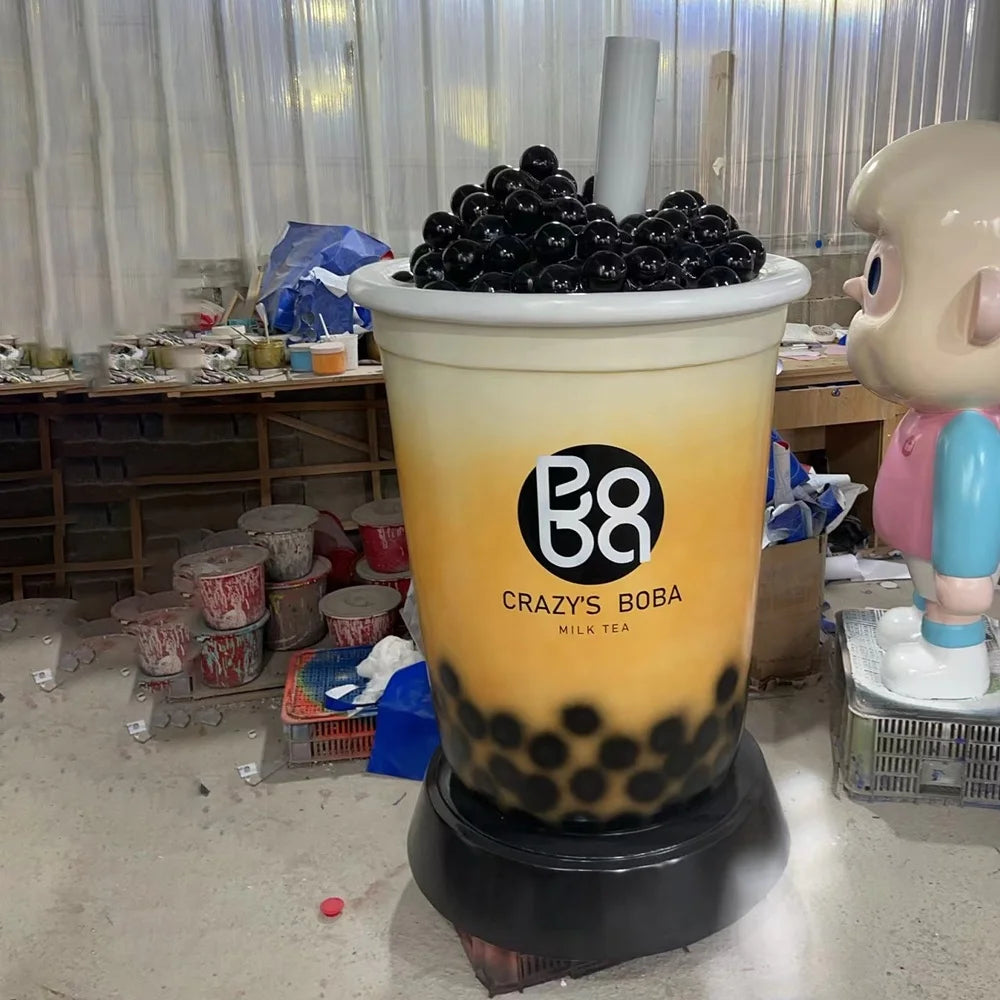 Life Size Bubble Tea Cup  Giant Milktea Sculpture Window Display Big Bubble Candy Statues for Boba Shop Decor