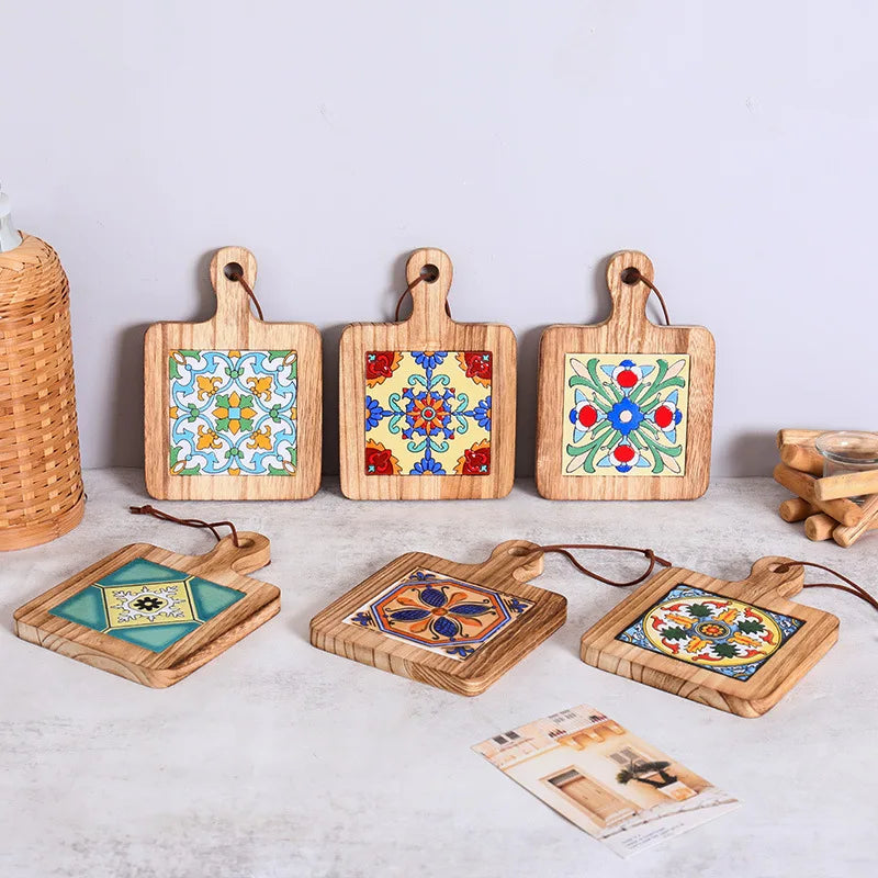Wholesale Wood Craft Vintage Heat-Insulation Coasters Decorative Tile Pot Holders Wooden Craft Solid Wood Soup Pot Trivets