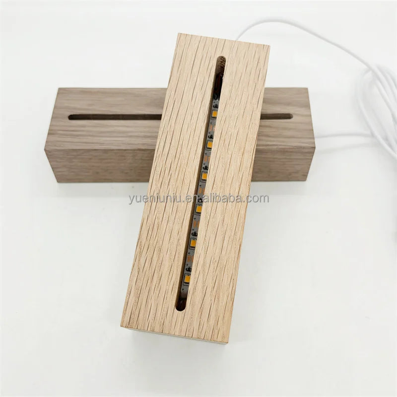 Customized Beech Oak Walnut Natural Solid Wood Base USB LED Rectangular Wooden Lamp Base for Acrylic Crystal Display Lamp Holder