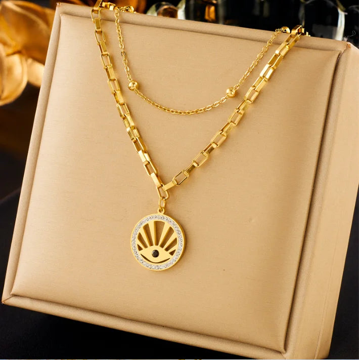 Stainless Steel Multi Layer Box Chain Round Eyes Pendant Necklace Bracelet Set for Women Girl Clavicle Chain Gold Color Jewelry