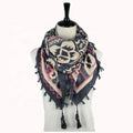 MIO Fashion Hijab with Tassels and Fringes Printed Square Scarves for Women Tribal Pattern Red and Blue