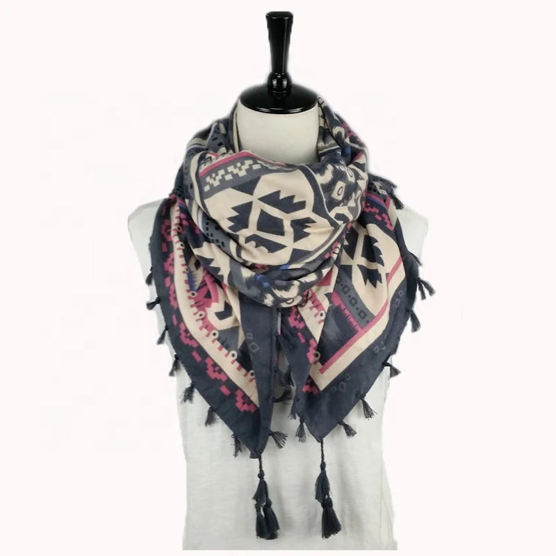 MIO Fashion Hijab with Tassels and Fringes Printed Square Scarves for Women Tribal Pattern Red and Blue