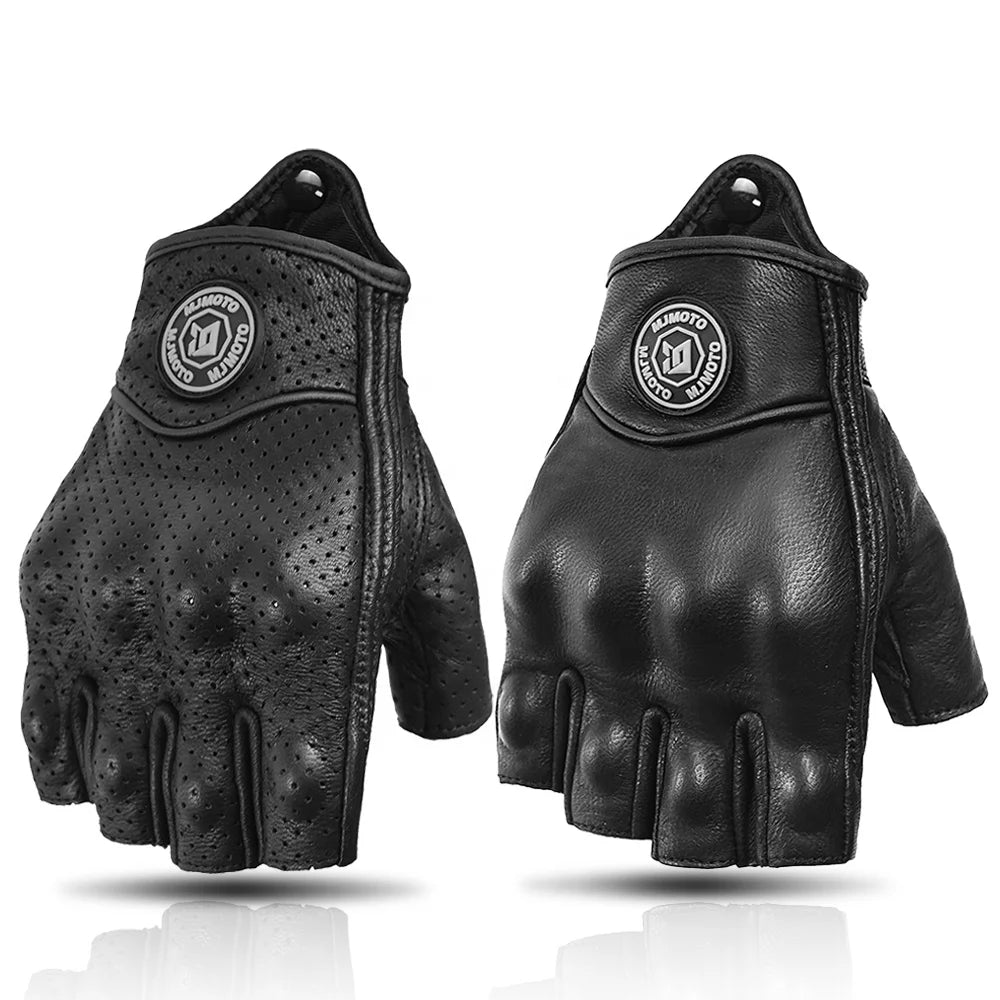Summer Half Finger Motorcycle Gloves Retro Black Leather Perforated Motorbike Motocross Fingerless Gloves Men Women Riding Glove