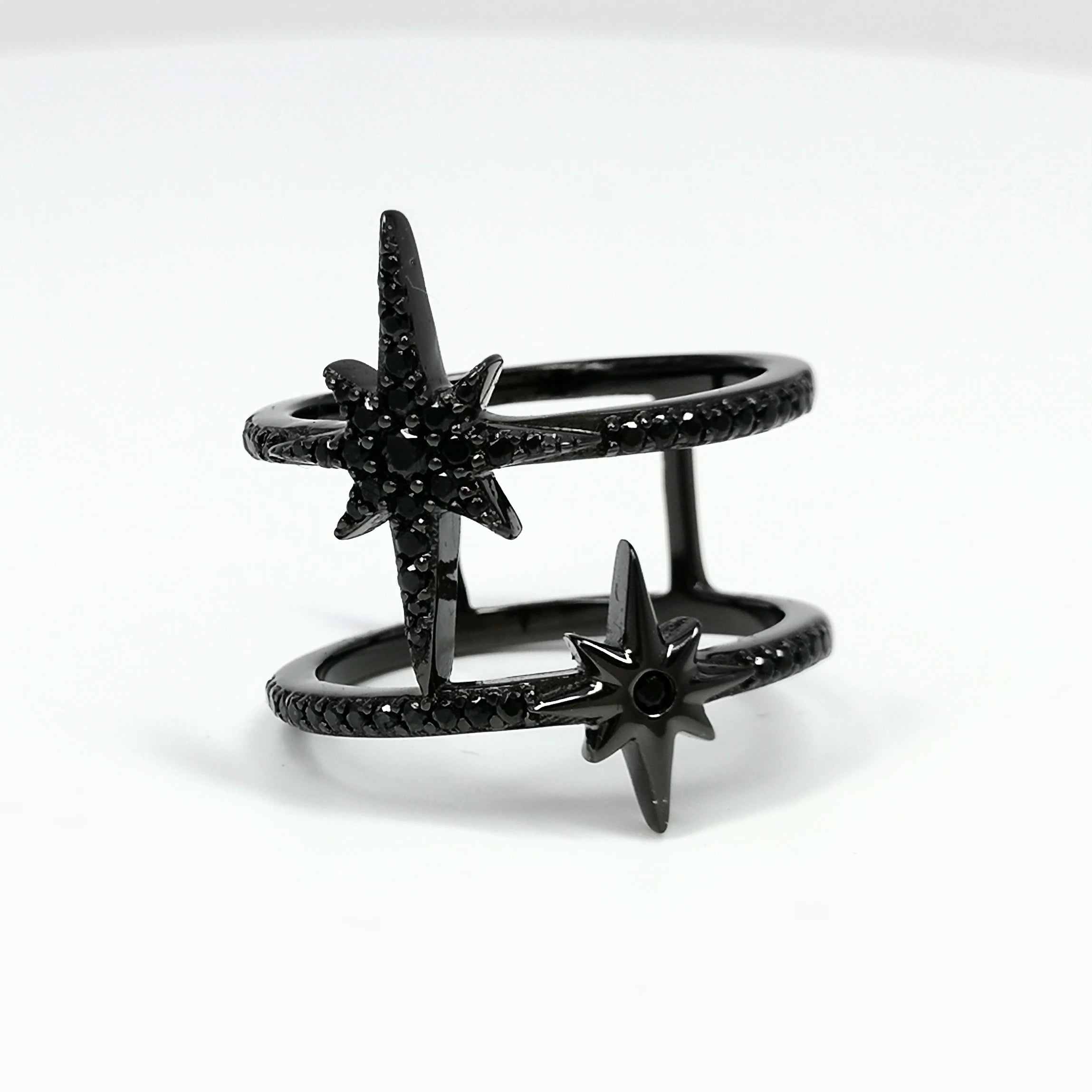 Wholesale Fine Handmade Women's Silver Star Shape Double Nano Black Rhodium Plated Wedding & Anniversary Rings