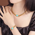18K Gold Plated Stainless Steel Hip Hop Miami Cuban Link Chain Inlay Synthetic Stone Necklace Bracelet Jewelry Set