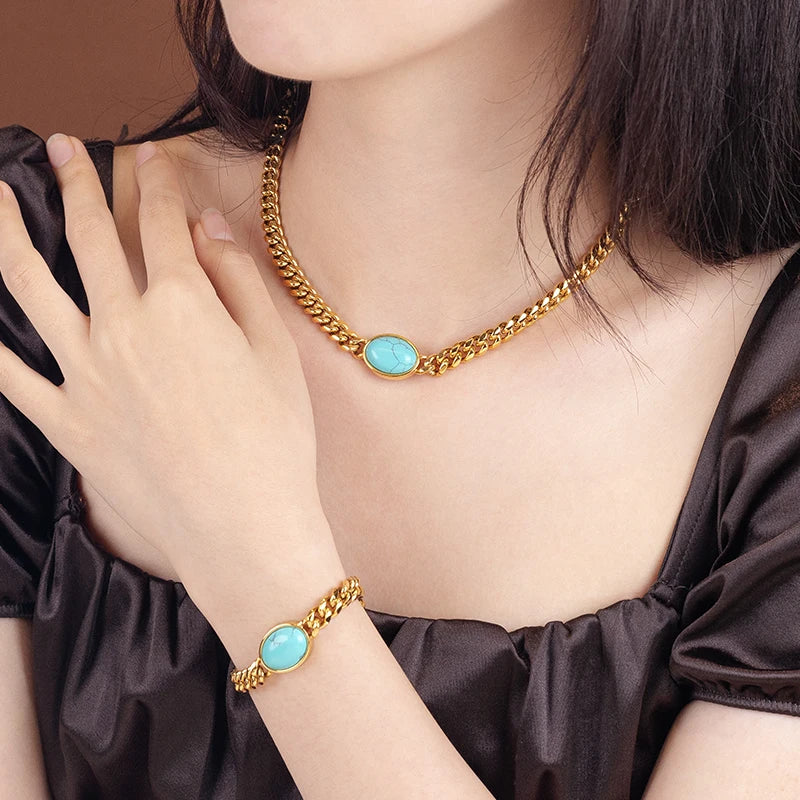 18K Gold Plated Stainless Steel Hip Hop Miami Cuban Link Chain Inlay Synthetic Stone Necklace Bracelet Jewelry Set