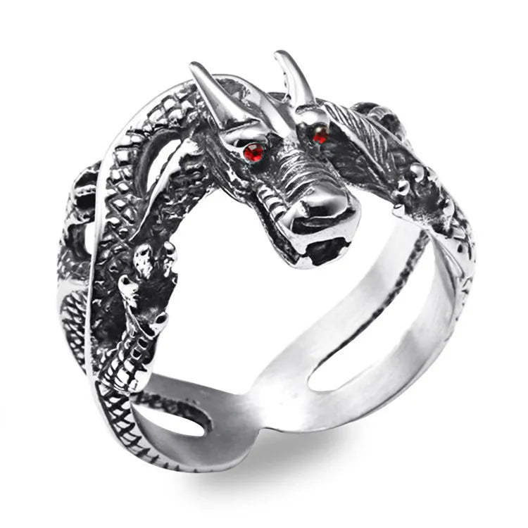 Ruby Dragon Ring Creative Design Men's Stainless Steel Silver Ring