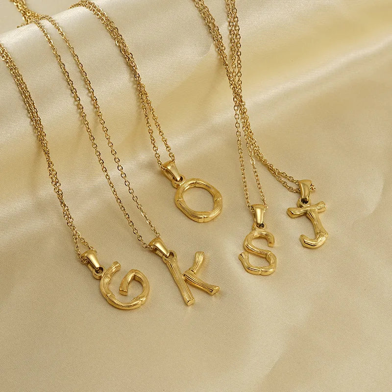A-Z Initial Stainless Steel Pendant Necklace for Women Bamboo Design Gold Plated Alphabet Pendant for Weddings