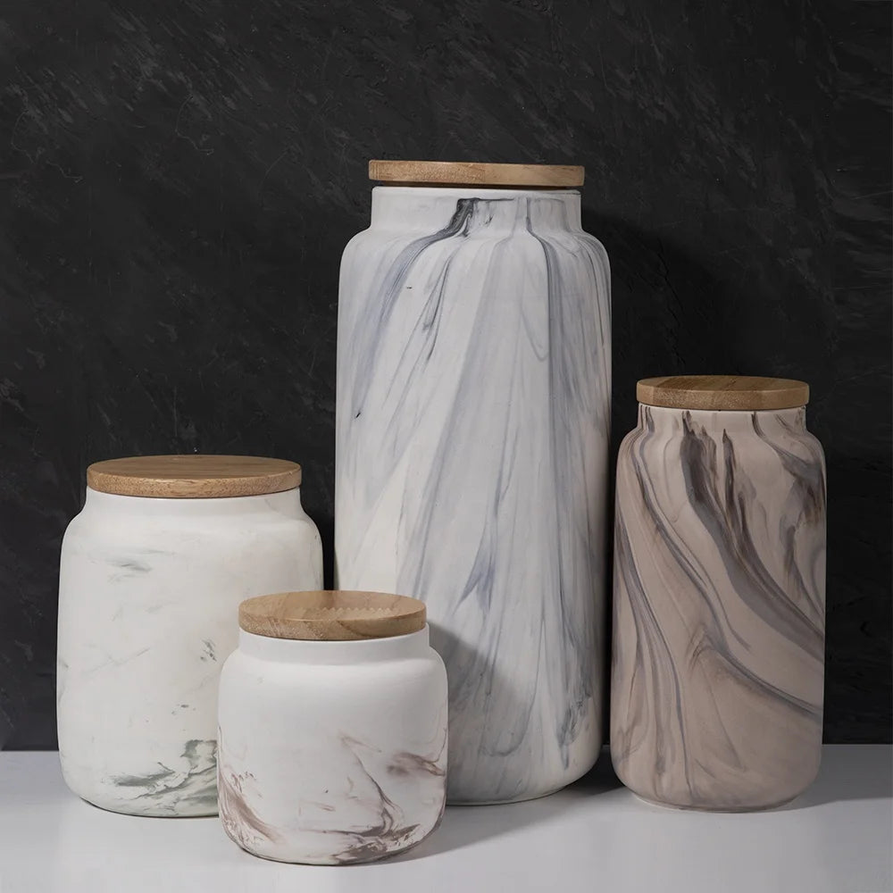 Merlin Living Ceramic Jar with Marble Vein Modern Style Wooden Lid and Seals for Nordic Home Decor and Food Storage