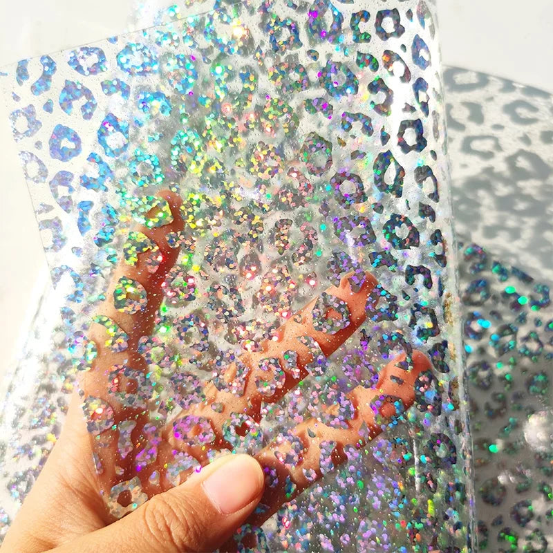Laser Leopard Print with Fine Glitter Clear Pvc Film Sheets for Making Handbags Cosmetic Bags Shoes Diy Craft Materials