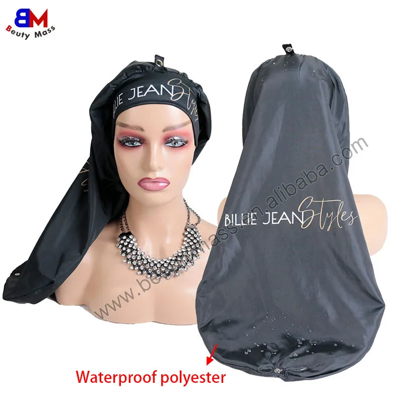 Custom Logo Printed Satin Lined Long Shower Cap Double Layered Hair Satin Bonnet Waterproof Long Shower Caps with Snap Button