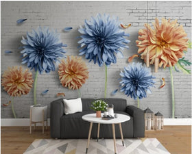 Customized Any Picture & Any Size White Brick Wall Chrysanthemum 3D Flower Custom Mural Home Decor Wallpaper for Living Room
