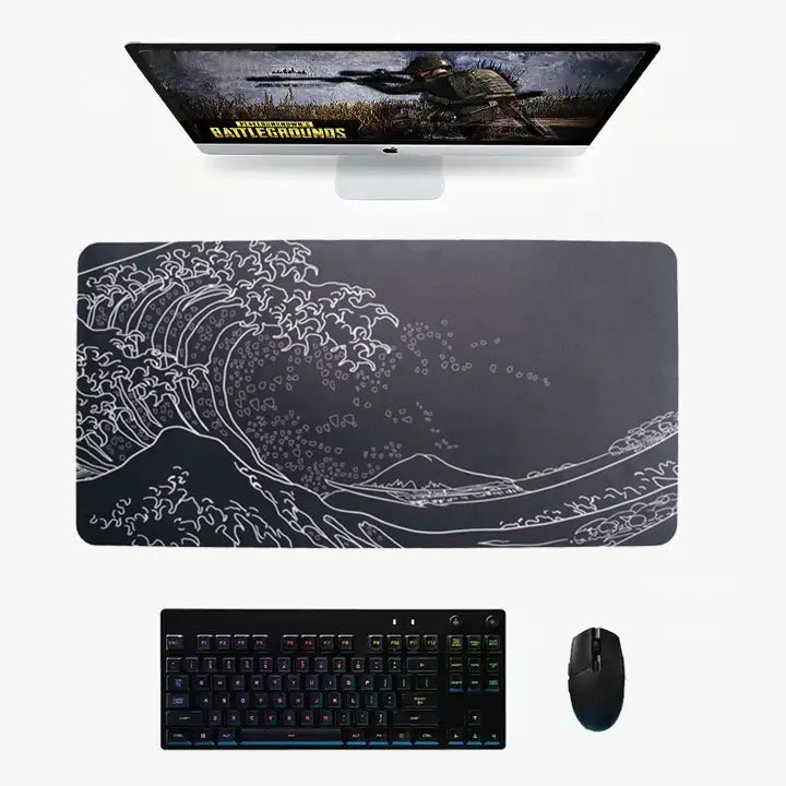 Laptop Gaming Mousepad Black and White Wave Design Natural Rubber & Cloth Surface 300x800mm 3mm Thick Waterproof