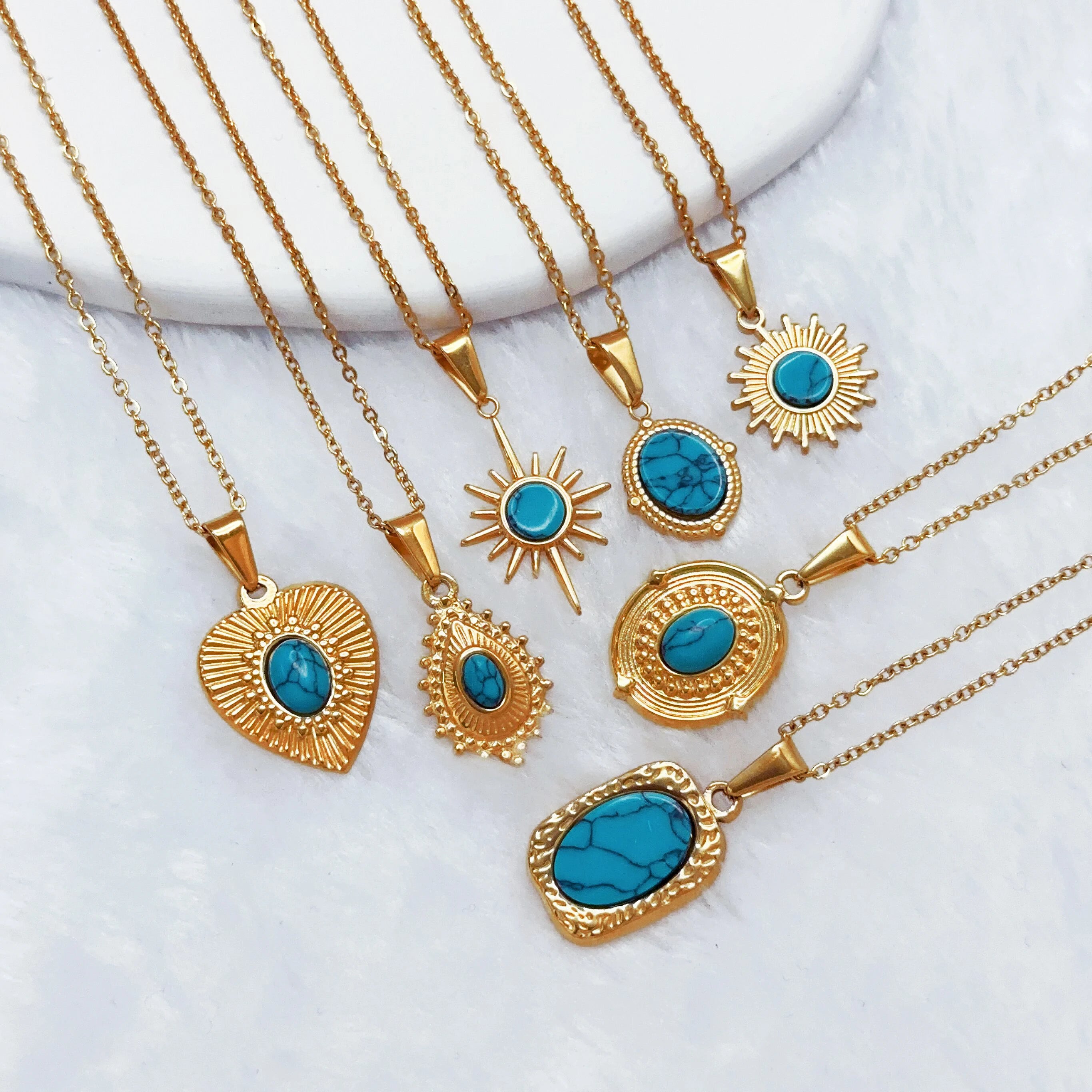 INS Popular Stainless Steel Link Chain Heart Necklace Jewelry Blue Turquoise Sun Flower Pendant Necklace for Girls Women