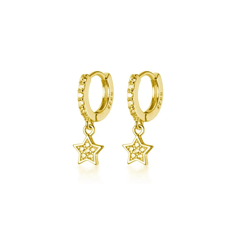 Trendy Pave Zircon Real 100% 925 Sterling Silver Star Hanging Stud Earrings for Women Party Wedding Jewelry Accessories