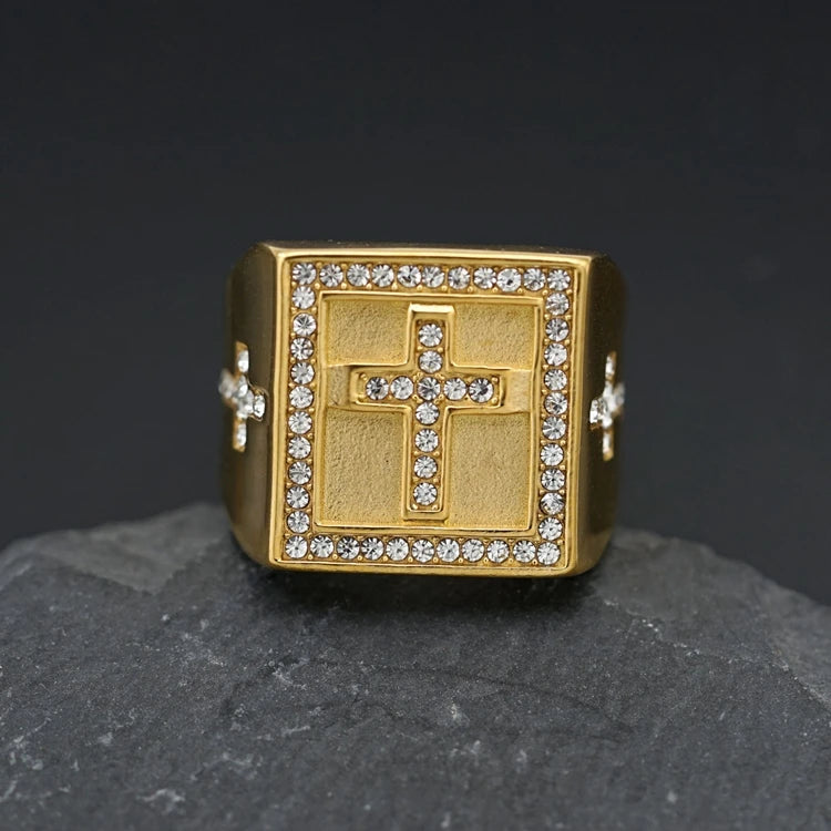 Fashion Stainless Steel Gold Plated Jewelry Fine Hip Hop Cross Religious Luxury Zircon Rings for Women Men Mothers Day Gift Idea