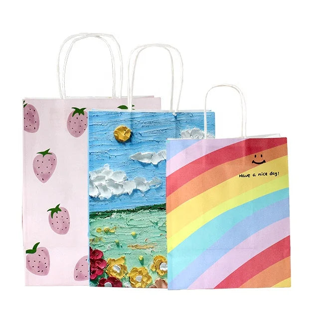 Recyclable Kraft Paper Custom Gift Shopping Bags with Twisted Rope Handles Full Color Rainbow Pattern 120gsm Thickness