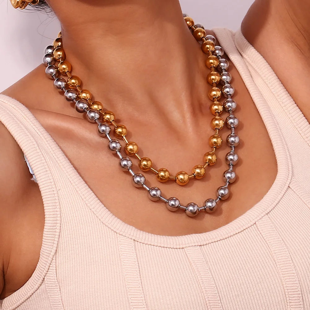 Ilona Trendy Two-Tone Ball Beaded Necklace 18K Gold Silver Plated Stainless Steel Tarnish Resistant Stackable Choker for Women