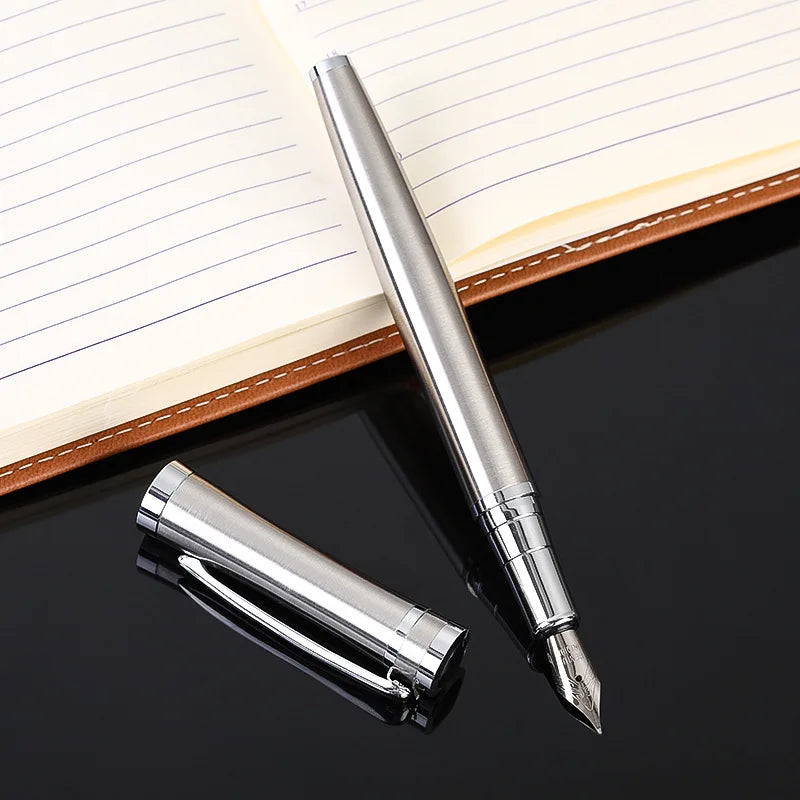 Ready Stock Baoer 3035# Stainless Steel Silver Luxury Fountain Pen-Ink-Fillable EF Nib 0.5mm Tip Student Use Custom Engraving