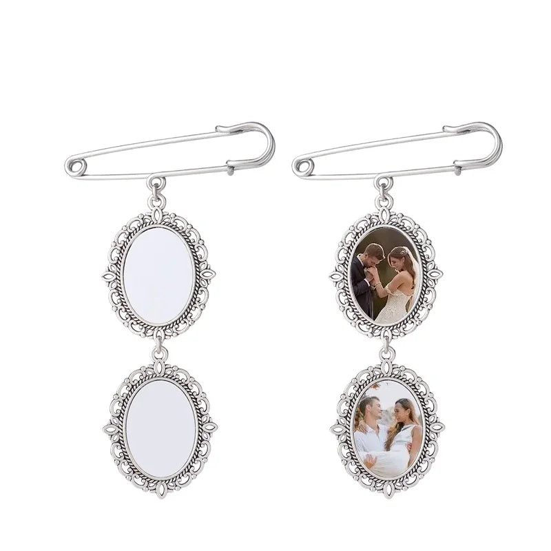 2 Oval Pendants Sublimation Blank Pin Brooch Metal Wedding Bouquet Diy Photo Charm Brooches with Metal Round/Oval Inserts