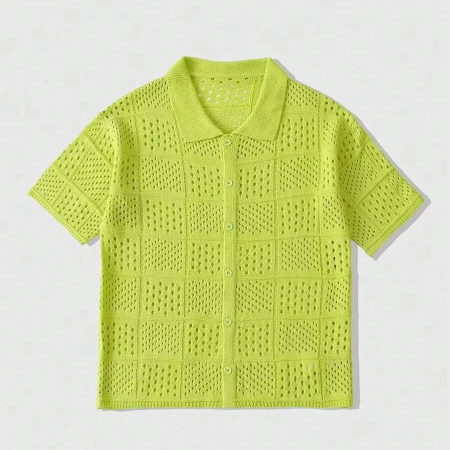 Custom Design Logo Summer Beach Short Sleeve Knitwear  Hollow Out Cotton Mesh Crochet T-shirt Men Knitted Shirt