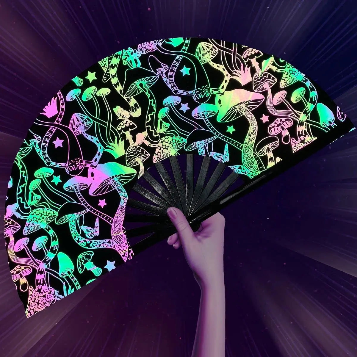 Holographic Painted Large Reflective Spider Like Bamboo Hand Fan 33cm High Premium Clack Rave for Party Use
