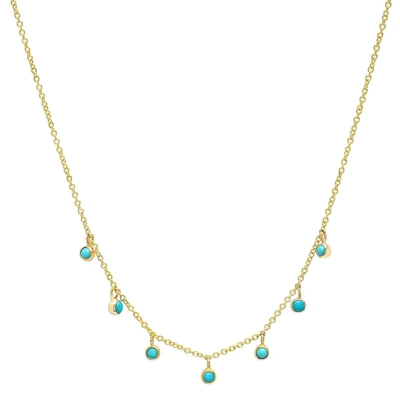 Boho Jewelry 925 Silver Gold Delicate Mini Bezel Turquoise Dangle Charm Necklace Choker Women Wholesale