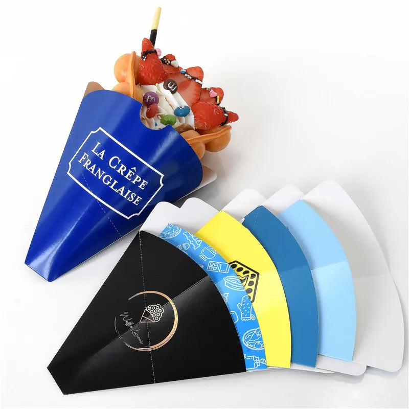 Customized Brand Logo Embossed Recycled Materials Food Safe Paper Egg Waffle Disposable Ice Cream Cones Crepe Holder