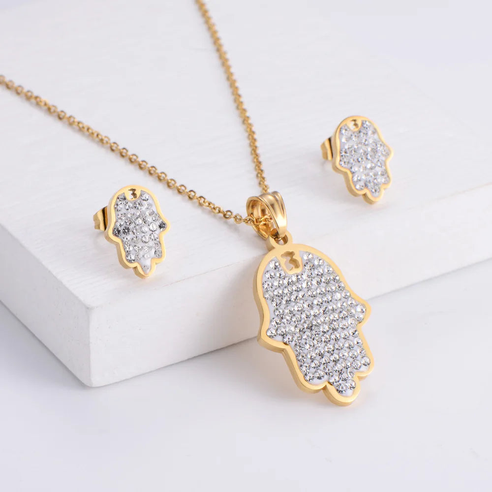 Korean Design Trend 18K Gold Plated Stainless Steel Earring Set Party Wedding Engagement Suitable Featuring Zircon Palm Pendant