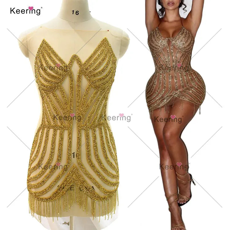 WDP-420 Rhinestone Dress Applique With Fringe for Dance Costume Garment