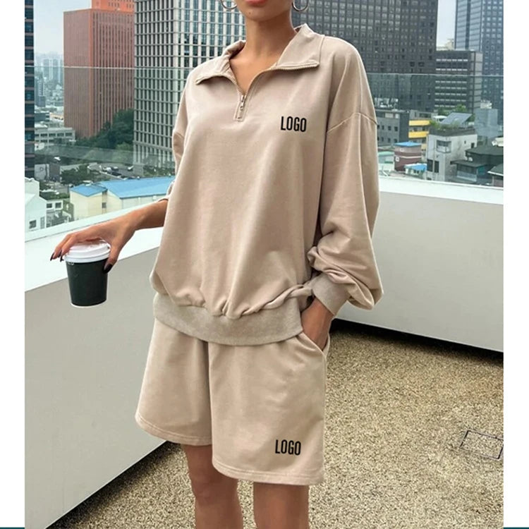 F230136 Custom Streetwear Two Piece Set Women Clothing Outfit Cotton Long Sleeve 1/4 Zip Up Tops And Shorts Set For Women