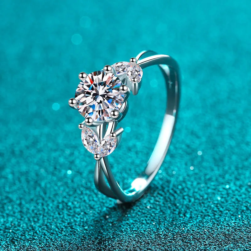 Silver 925 Original Brilliant Cut Diamond Test Past 1 Carat D Color Moissanite Plant Leaf Ring for Women Gift Gemstone Jewelry