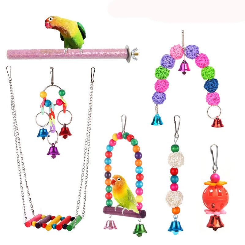 New Parrot Bird Toy Set 7 - Piece Parrot Swing Stand Stand Bird Stick Chew Toy Set