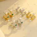 Stainless Steel CC Studs Imitation Pearl Green Clear Cubic Zirconia Hoop Earrings for Women 18K PVD Plated Vintage Jewelry Gift