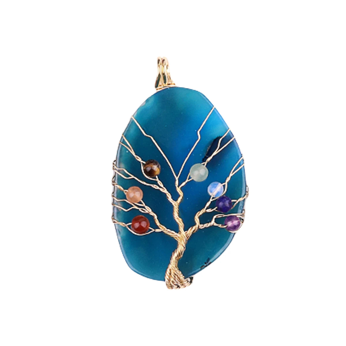Saling Exquisite Chakela Stone Gold Wrap Wire Life Tree Pendant Blue Agate Natural Stone Fashional Accessory for DIY Decoration