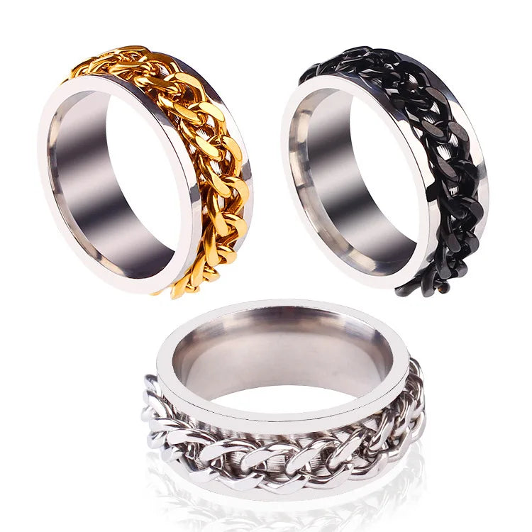 Stainless Steel Rotating Chain Ring Finger Men's Ring Punk Personality Men's Spinner Relieve Anxiety Release Stress Rings
