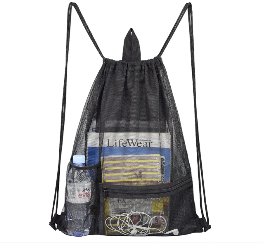 Gelory Heavy-Duty Nylon Mesh Backpack Drawstring Front Pocket Water Bottle Holder Sports String Sack Pack Waterproof Stylish for