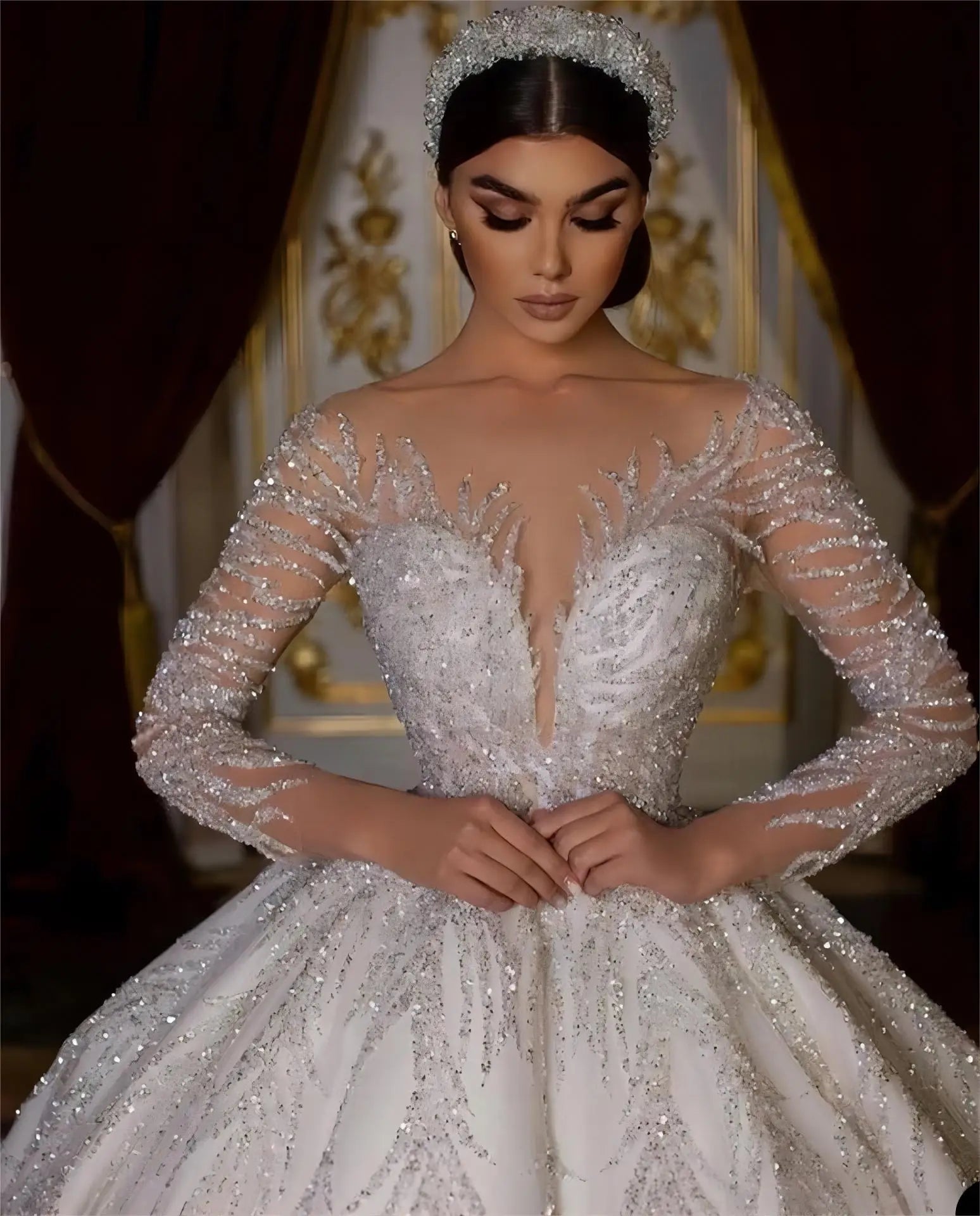 Luxury Long Train Wedding Dress Foreign Trade Bride Texture French High Waist Beaded Train Wedding Dress