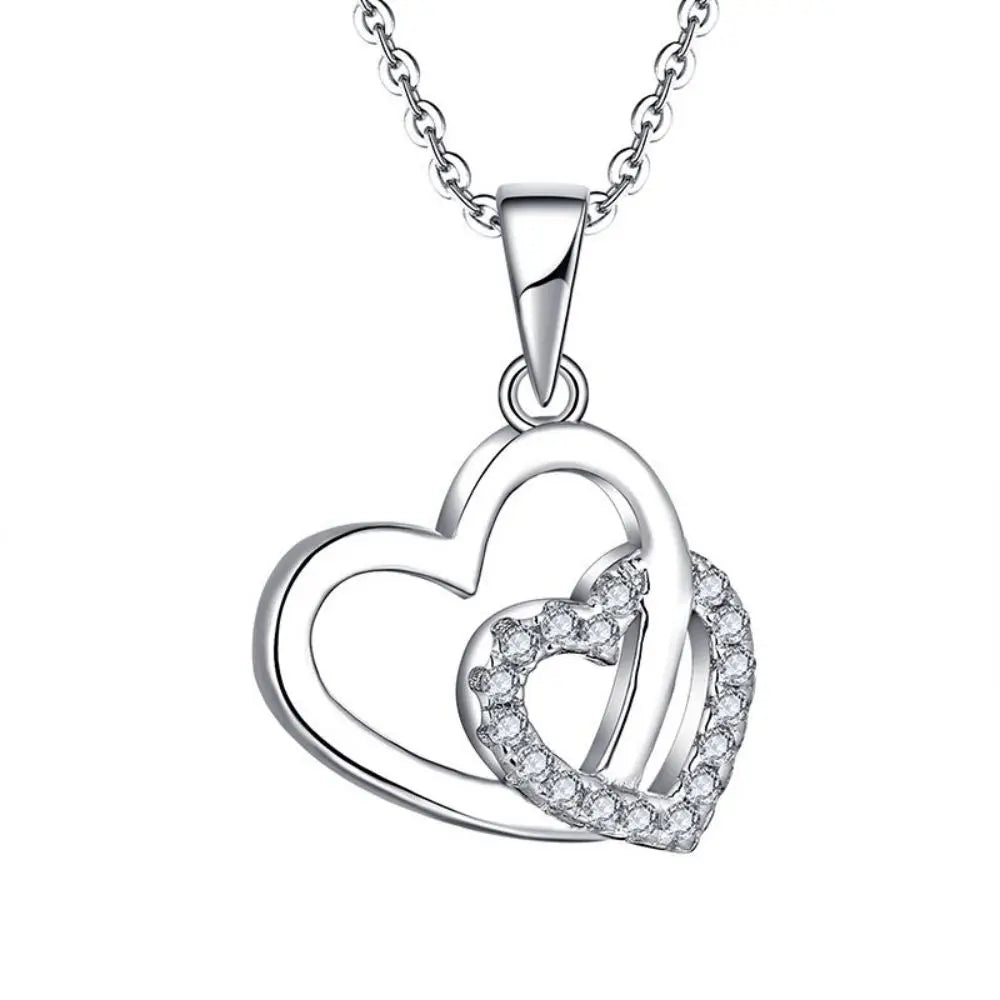 S925 Sterling Silver Double Heart Pendant Necklace Ladies Clavicle Chain Zirconia Diamonds Heart Necklace