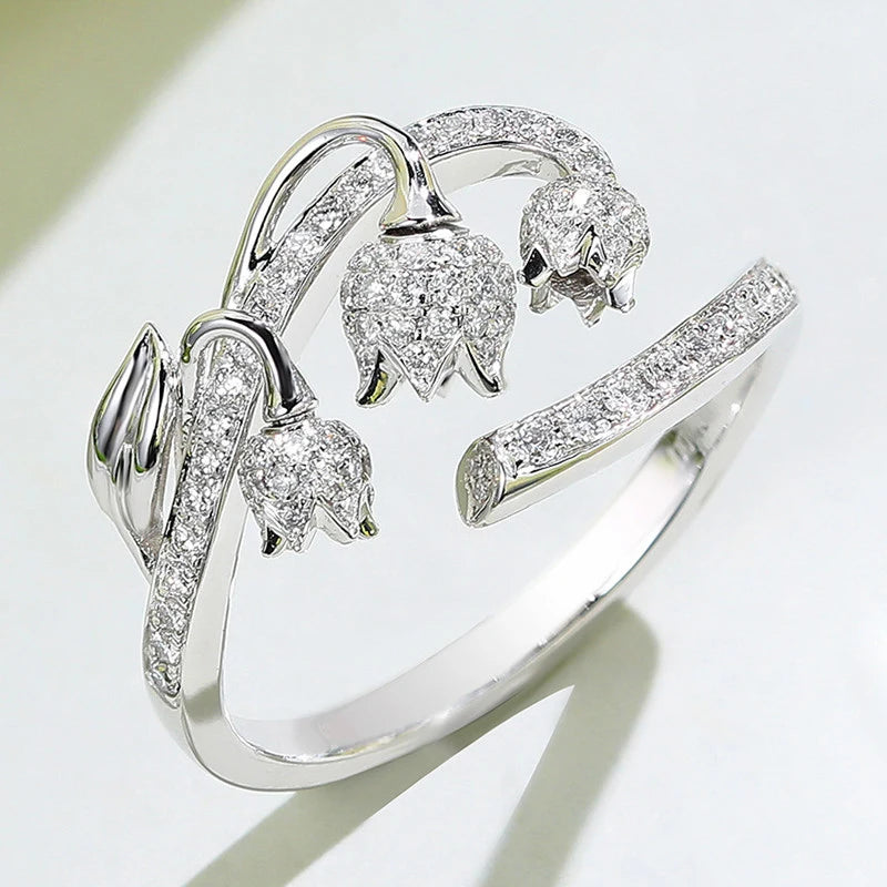 Huitan Exquisite Rose Flower Bud Design Full Imitated Moissanite Opening Adjustable Rings for Women Wedding Silver Plated Rings