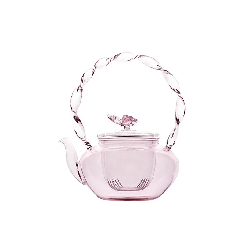 700ml Handblown High Borosilicate Glass Tea Pot Pink Butterfly Lid Button Top for Office Heated Brewing Boiling Tea Herbal