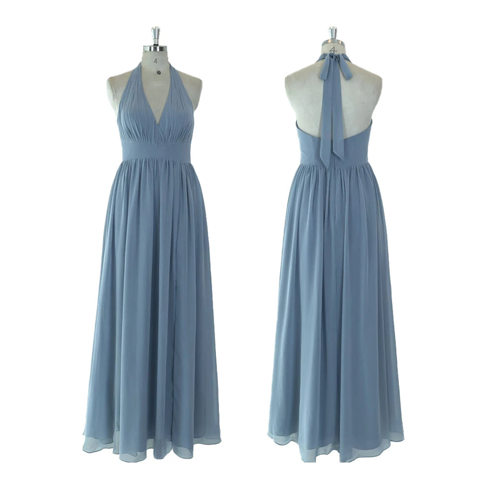 TEENYEE Charm Wedding Guest Slit Halter Deep V-Neck Party Women Bridesmaid Dresses Wedding Bridal Maids Dress