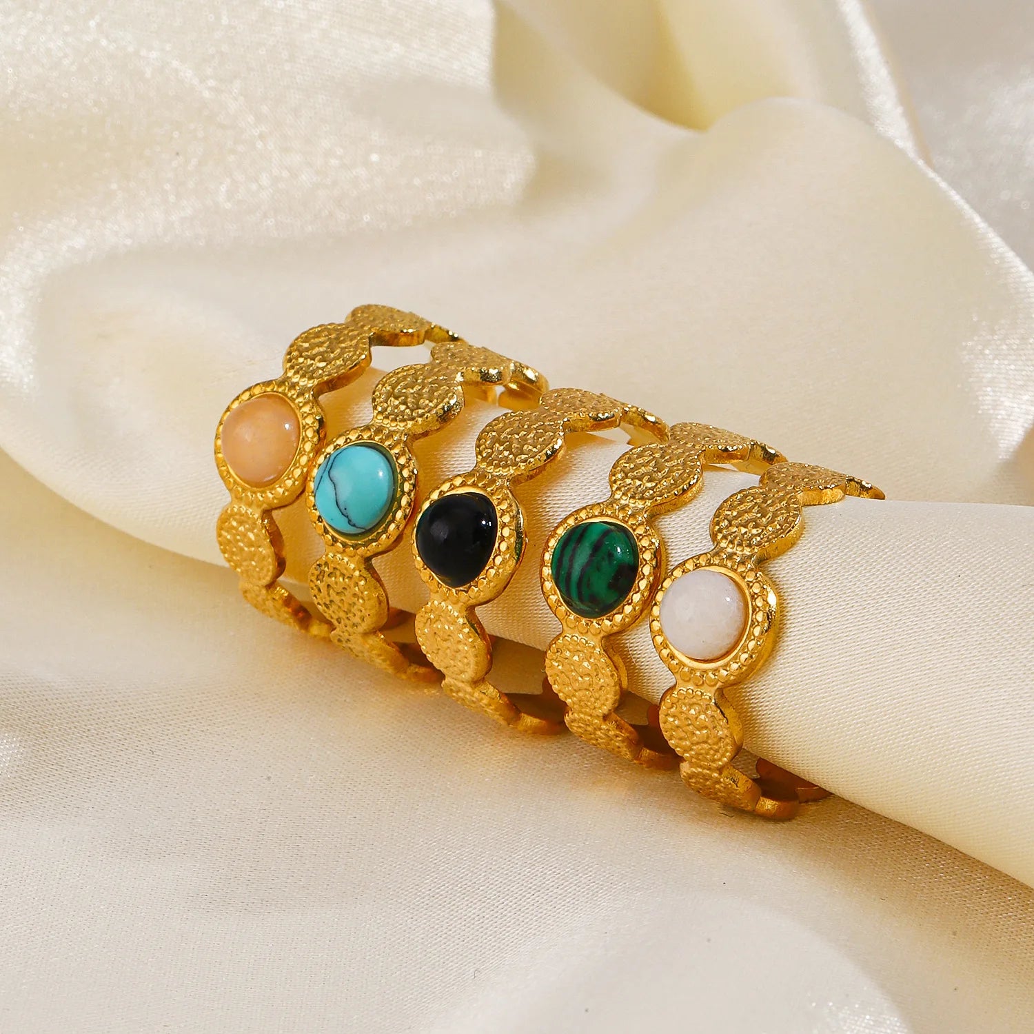Custom Waterproof 18k Gold Plated Stainless Steel Retro Stackable Stones Ring Adjustable Non Tarnish Rings for Women Jewelry
