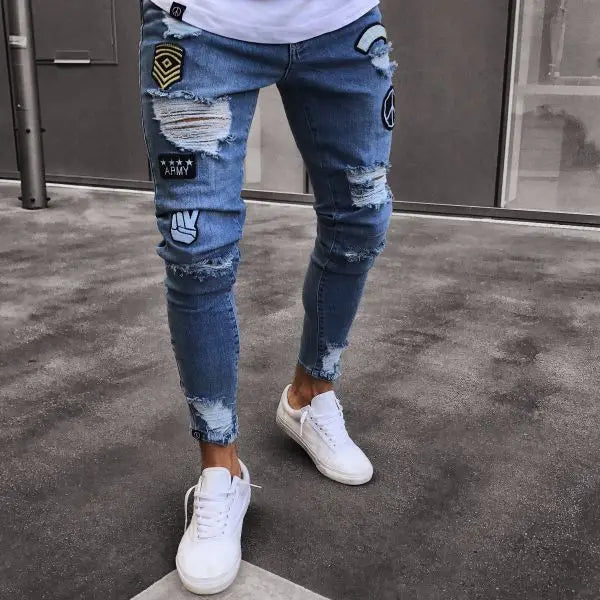 Wholesale Men's Cotton Spandex Jeans Stacked Ripped Denim Pants Skinny Patches Pants
