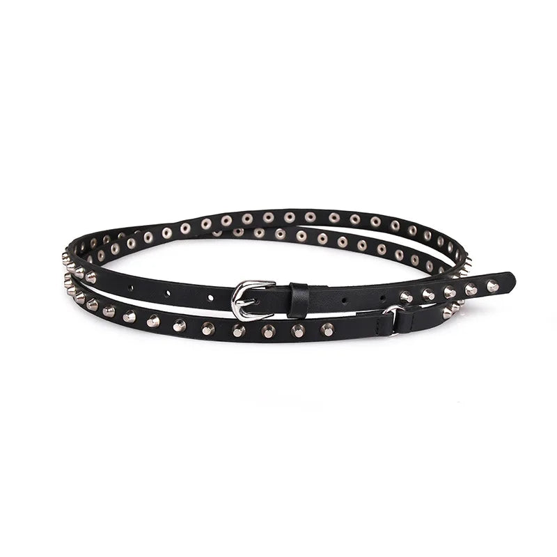 Women's Classic Punk Cowboy Belt New Western Style Double Loop Pin Buckle PU Thin Waist 3.4cm 125cm Alloy Buckle Embossed Logo