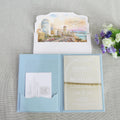 Fancy Cute Sky Blue Velvet Hardcover Wedding Invitation Silver Acrylic Invite with White Envelope Stamped in Gold