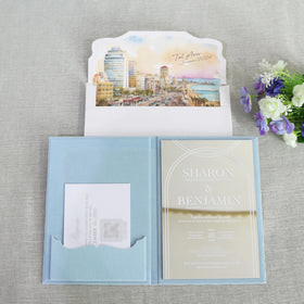 Fancy Cute Sky Blue Velvet Hardcover Wedding Invitation Silver Acrylic Invite with White Envelope Stamped in Gold
